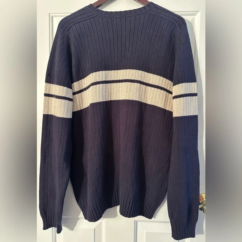 J. CREW Authentic Vntg Y2K L Navy COTTON Ribbed Stripe V Neck Varsity Ribbed NEW